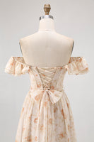 Load image into Gallery viewer, Floral Champagne A Line Off The Shoulder Ruffled Long Bridesmaid Dress with Bow