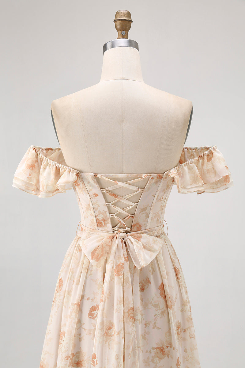 Load image into Gallery viewer, Floral Champagne A Line Off The Shoulder Ruffled Long Bridesmaid Dress with Bow