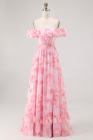 Load image into Gallery viewer, Floral Champagne A Line Off The Shoulder Ruffled Long Bridesmaid Dress with Bow