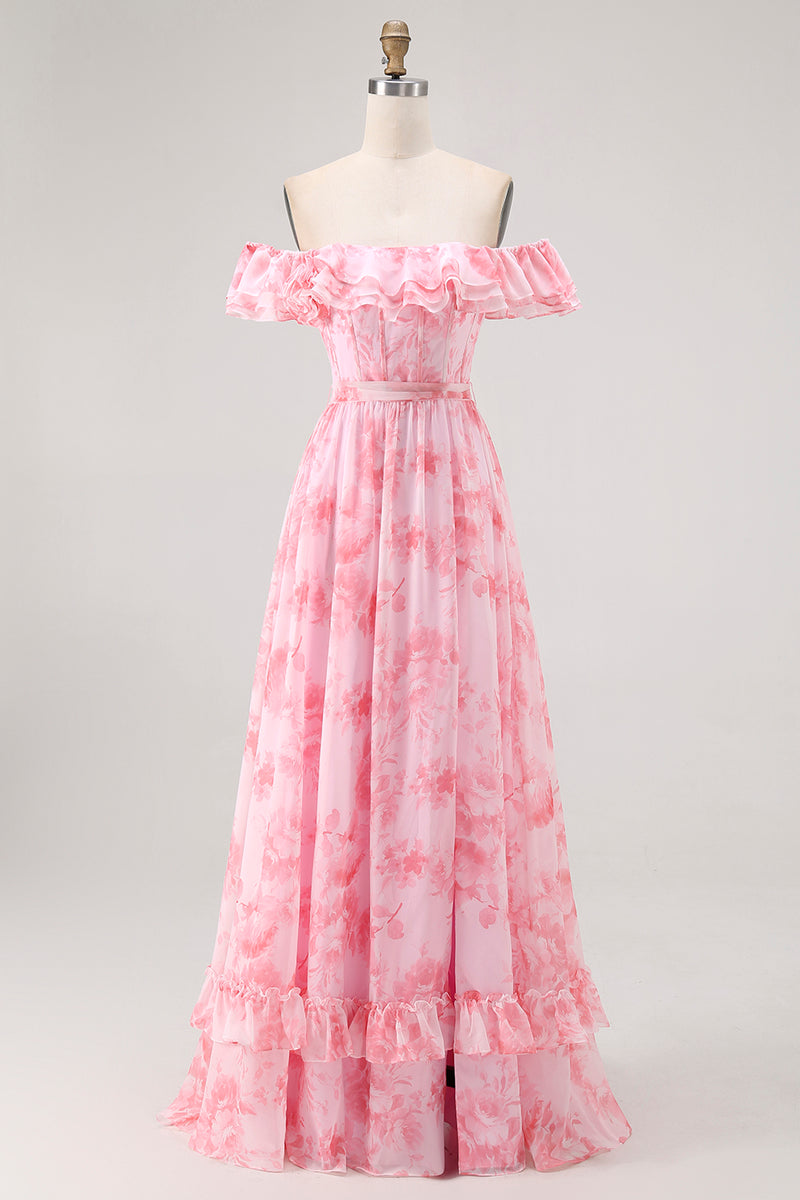 Load image into Gallery viewer, Floral Champagne A Line Off The Shoulder Ruffled Long Bridesmaid Dress with Bow