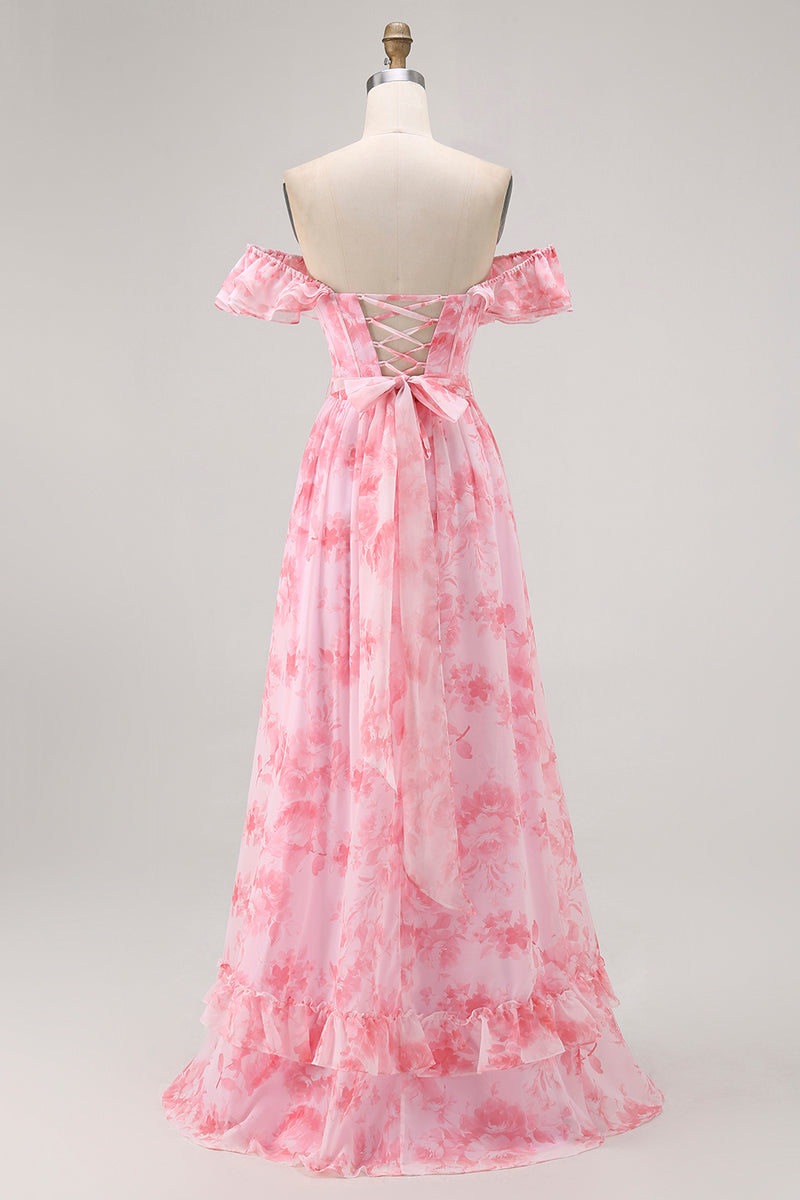 Load image into Gallery viewer, Floral Champagne A Line Off The Shoulder Ruffled Long Bridesmaid Dress with Bow