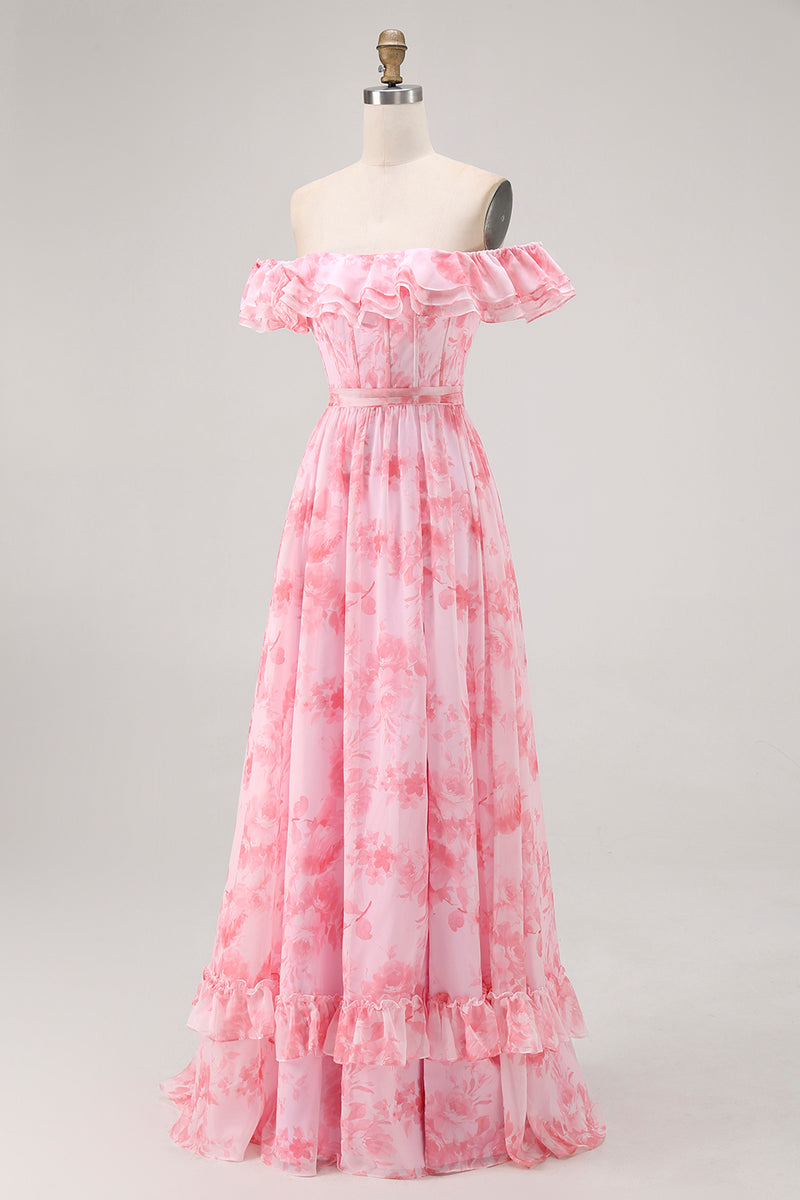 Load image into Gallery viewer, Floral Champagne A Line Off The Shoulder Ruffled Long Bridesmaid Dress with Bow