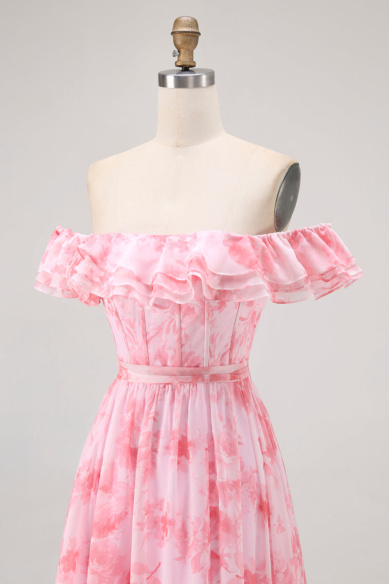 Load image into Gallery viewer, Floral Champagne A Line Off The Shoulder Ruffled Long Bridesmaid Dress with Bow