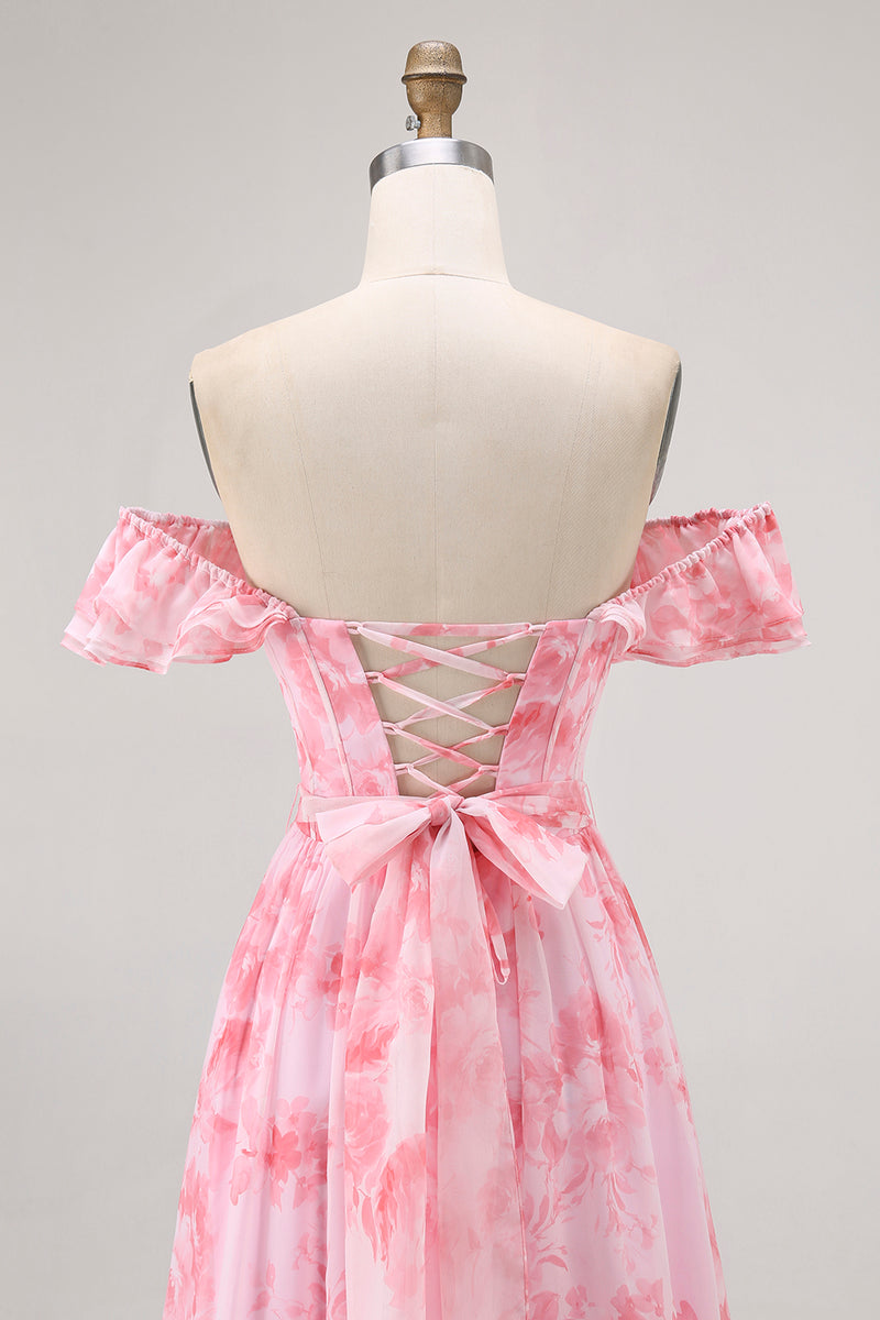 Load image into Gallery viewer, Floral Champagne A Line Off The Shoulder Ruffled Long Bridesmaid Dress with Bow