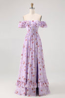 Load image into Gallery viewer, Floral Champagne A Line Off The Shoulder Ruffled Long Bridesmaid Dress with Bow