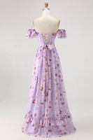 Load image into Gallery viewer, Floral Champagne A Line Off The Shoulder Ruffled Long Bridesmaid Dress with Bow