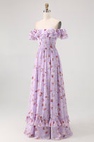 Load image into Gallery viewer, Floral Champagne A Line Off The Shoulder Ruffled Long Bridesmaid Dress with Bow