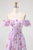 Load image into Gallery viewer, Floral Champagne A Line Off The Shoulder Ruffled Long Bridesmaid Dress with Bow