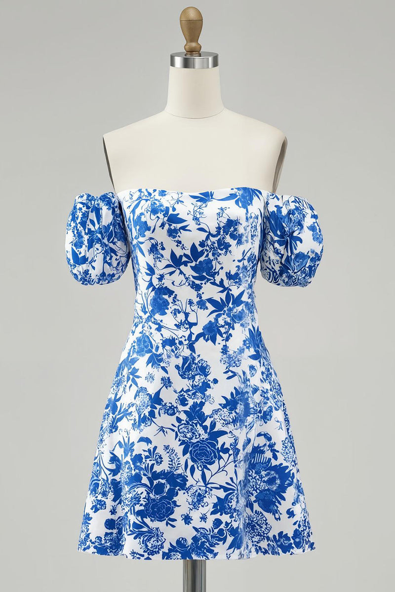 Load image into Gallery viewer, Floral Blue Chiffon Off the Shoulder Short Homecoming Dress with Sleeves