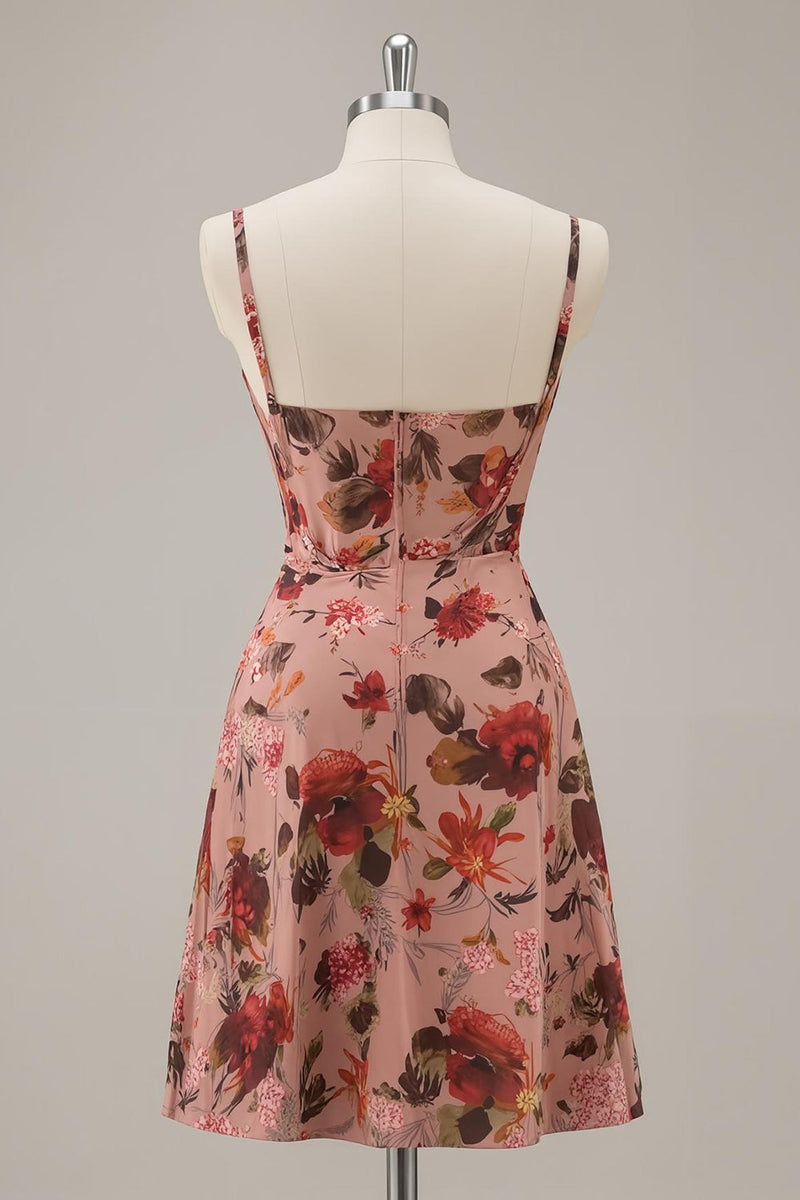 Load image into Gallery viewer, Floral Dusty Rose Ruched Chiffon Short Corset Homecoming Dress