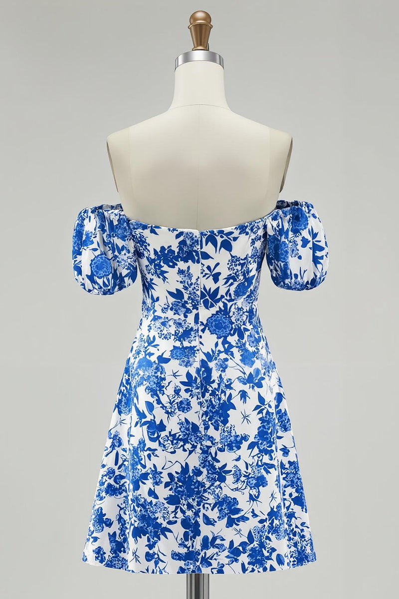 Load image into Gallery viewer, Floral Blue Chiffon Off the Shoulder Short Homecoming Dress with Sleeves
