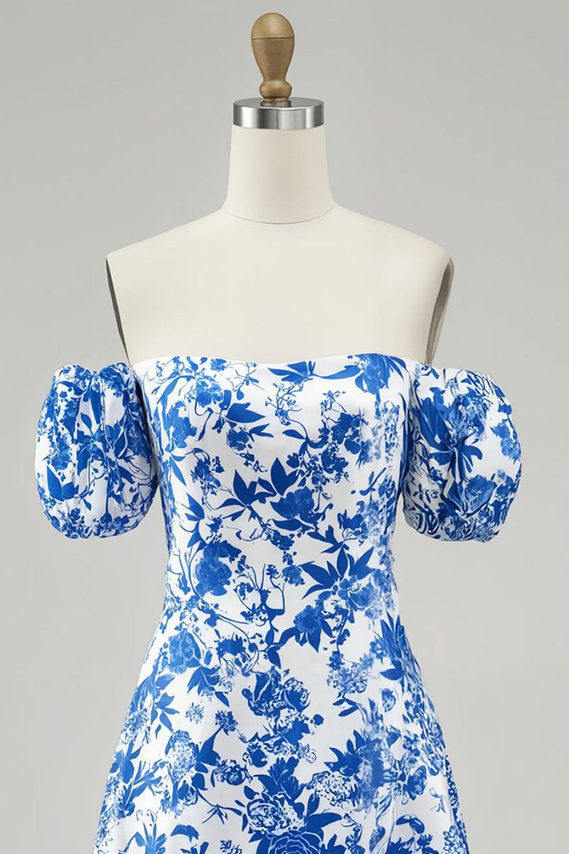Load image into Gallery viewer, Floral Blue Chiffon Off the Shoulder Short Homecoming Dress with Sleeves