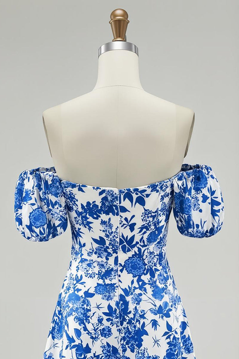 Load image into Gallery viewer, Floral Blue Chiffon Off the Shoulder Short Homecoming Dress with Sleeves