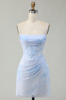 Load image into Gallery viewer, Floral Light Blue Tight Ruched Short Corset Homecoming Dress
