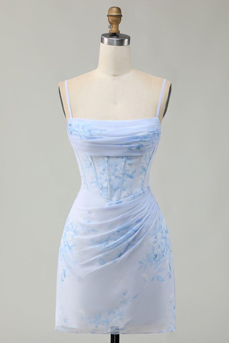 Load image into Gallery viewer, Floral Light Blue Tight Ruched Short Corset Homecoming Dress