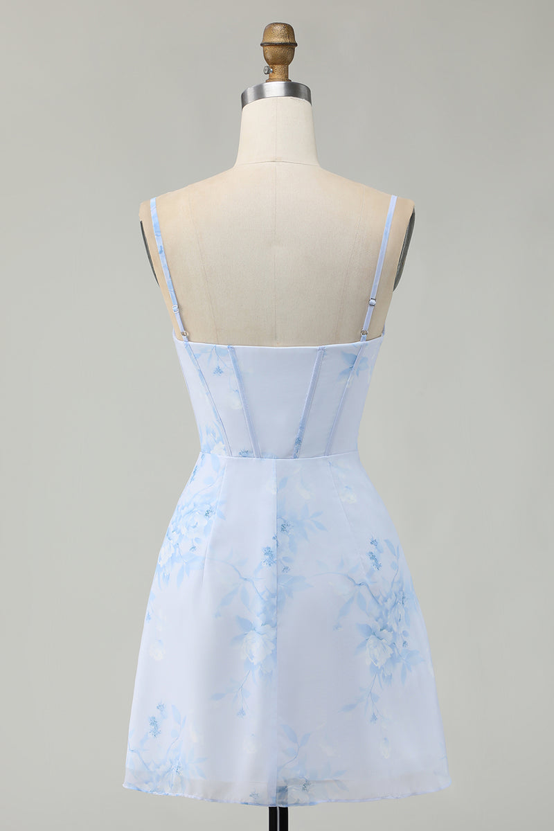 Load image into Gallery viewer, Floral Light Blue Tight Ruched Short Corset Homecoming Dress
