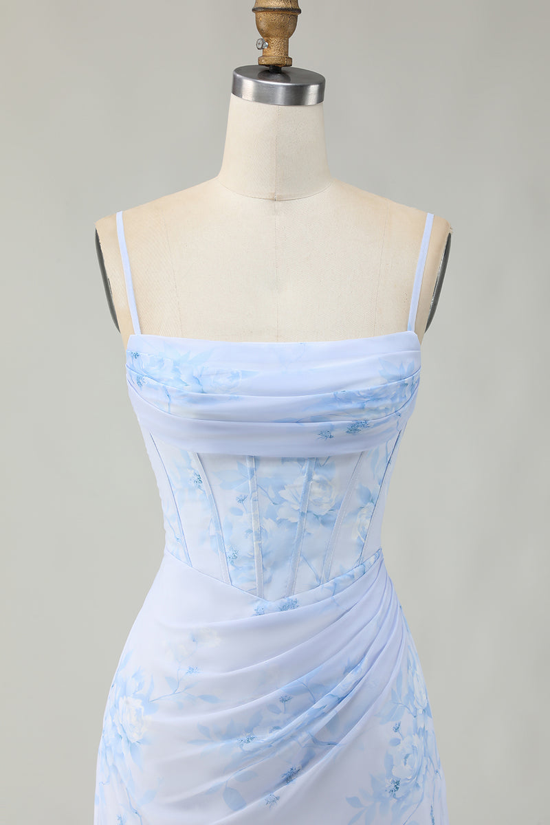 Load image into Gallery viewer, Floral Light Blue Tight Ruched Short Corset Homecoming Dress