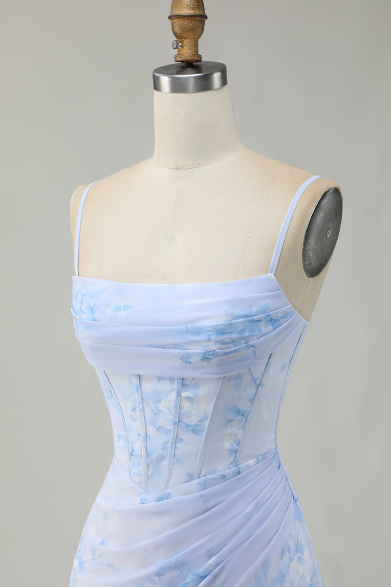 Load image into Gallery viewer, Floral Light Blue Tight Ruched Short Corset Homecoming Dress