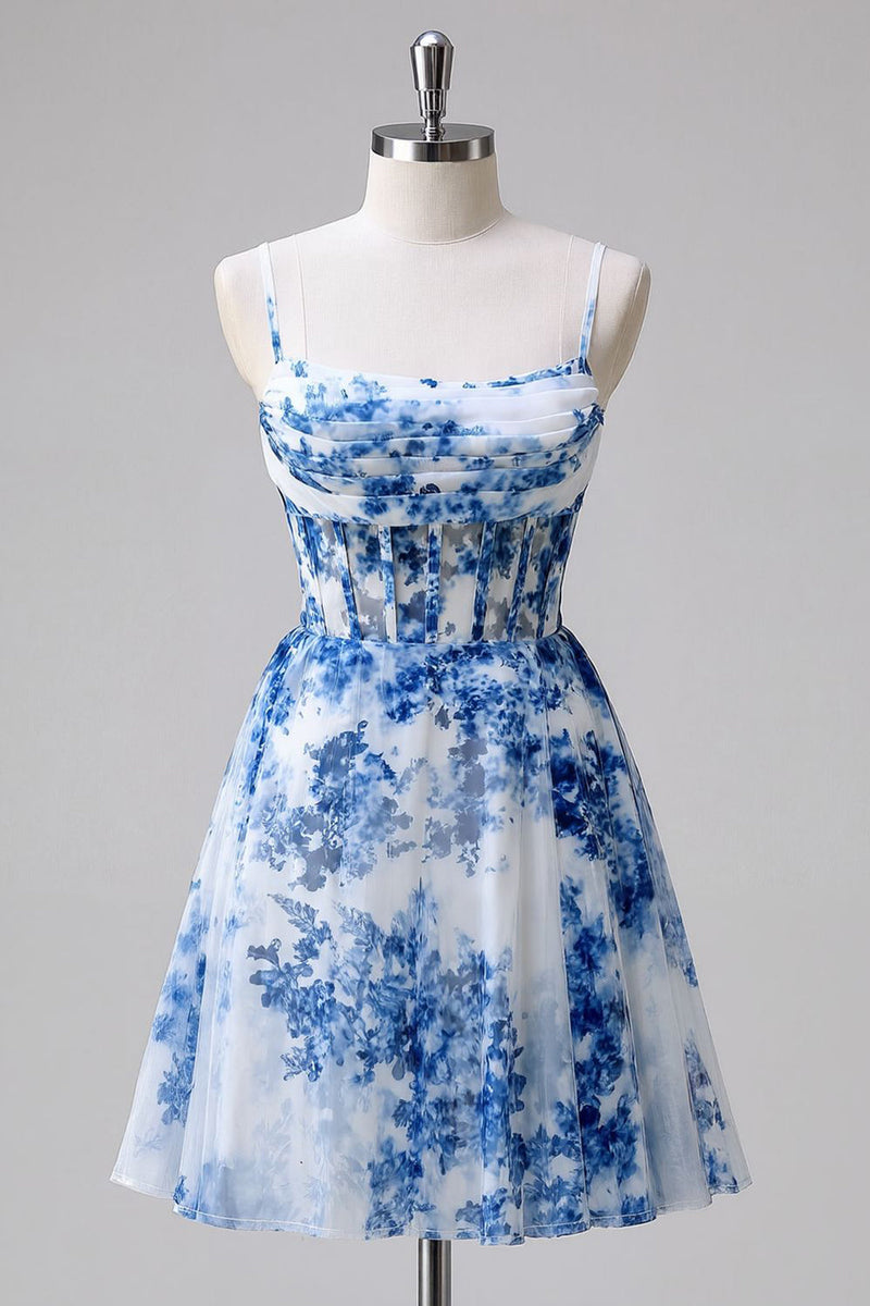 Load image into Gallery viewer, Floral Blue Tulle A Line Ruched Short Corset Homecoming Dress