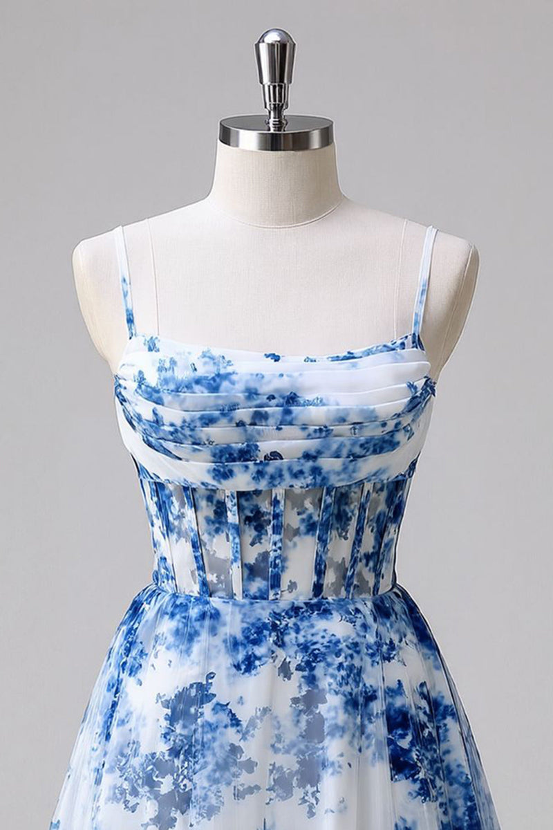 Load image into Gallery viewer, Floral Blue Tulle A Line Ruched Short Corset Homecoming Dress