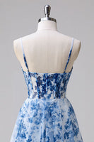 Load image into Gallery viewer, Floral Blue Tulle A Line Ruched Short Corset Homecoming Dress