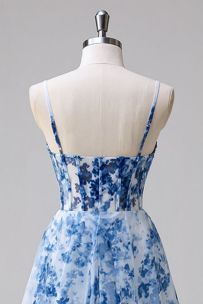 Load image into Gallery viewer, Floral Blue Tulle A Line Ruched Short Corset Homecoming Dress