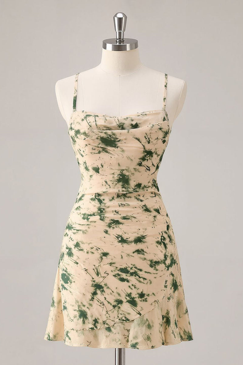 Load image into Gallery viewer, Floral Champagne Chiffon Ruched Ruffled Short Homecoming Dress