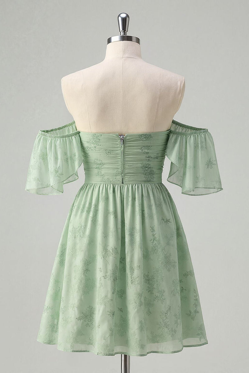 Load image into Gallery viewer, Floral Sage Green Off the Shoulder Short Homecoming Dress with Ruffles