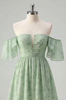 Load image into Gallery viewer, Floral Sage Green Off the Shoulder Short Homecoming Dress with Ruffles