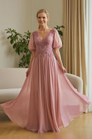 Load image into Gallery viewer, Dusty Rose A Line Chiffon Appliqued Long Mother of the Bride Dress with Sleeves