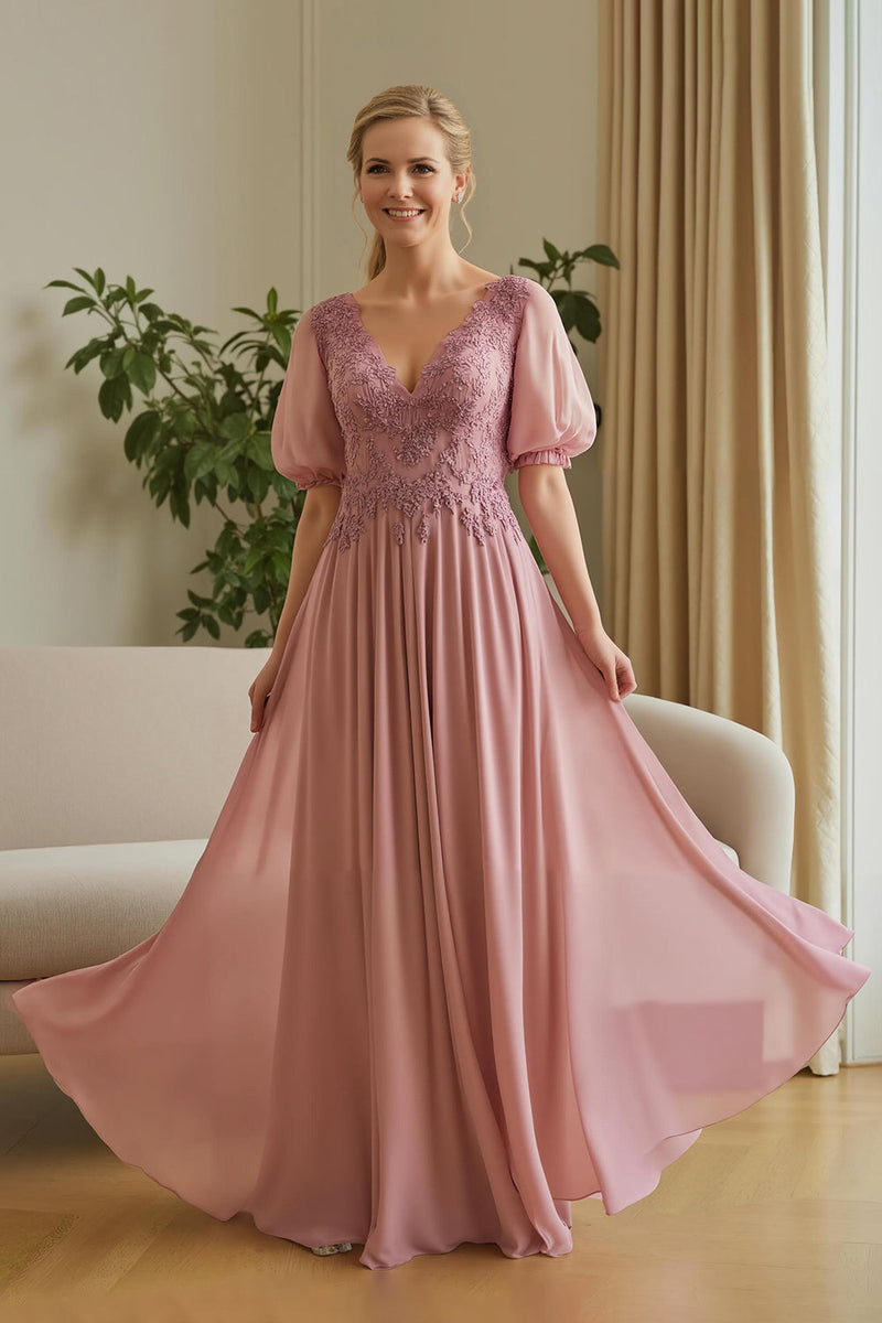 Load image into Gallery viewer, Dusty Rose A Line Chiffon Appliqued Long Mother of the Bride Dress with Sleeves