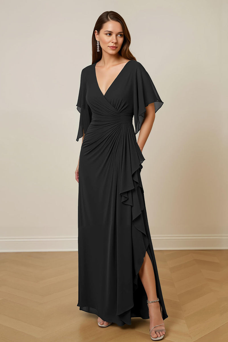 Load image into Gallery viewer, Dark Green Chiffon Sheath Ruched Long Mother of the Bride Dress with Ruffles