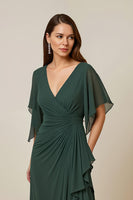 Load image into Gallery viewer, Dark Green Chiffon Sheath Ruched Long Mother of the Bride Dress with Ruffles
