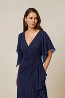 Load image into Gallery viewer, Dark Green Chiffon Sheath Ruched Long Mother of the Bride Dress with Ruffles