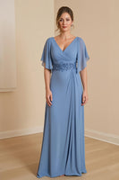 Load image into Gallery viewer, Dusty Blue Chiffon Sheath Long Mother of the Bride Dress with Ruffles