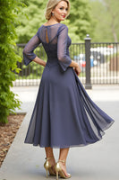 Load image into Gallery viewer, Steel Grey Chiffon A Line Boat Neck Long Mother of the Bride Dress with Sleeves