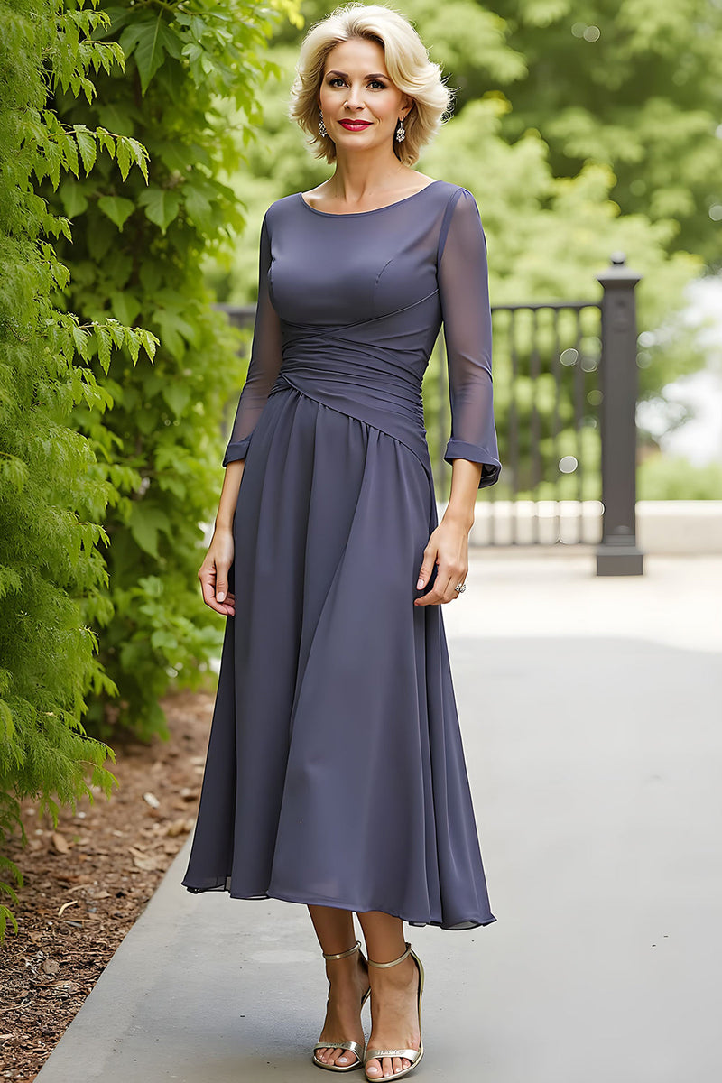 Load image into Gallery viewer, Steel Grey Chiffon A Line Boat Neck Long Mother of the Bride Dress with Sleeves