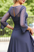Load image into Gallery viewer, Steel Grey Chiffon A Line Boat Neck Long Mother of the Bride Dress with Sleeves