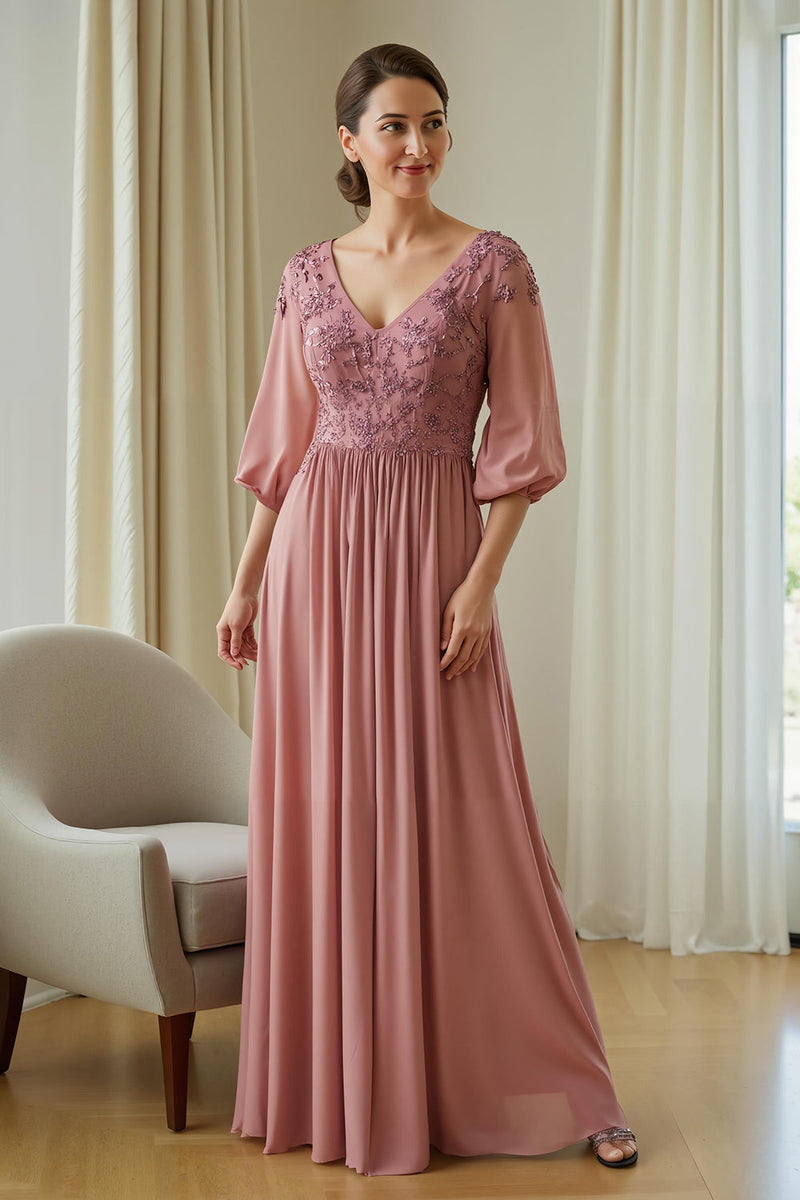 Load image into Gallery viewer, Dusty Rose Appliqued Chiffon Long Mother of the Bride Dress with Sleeves