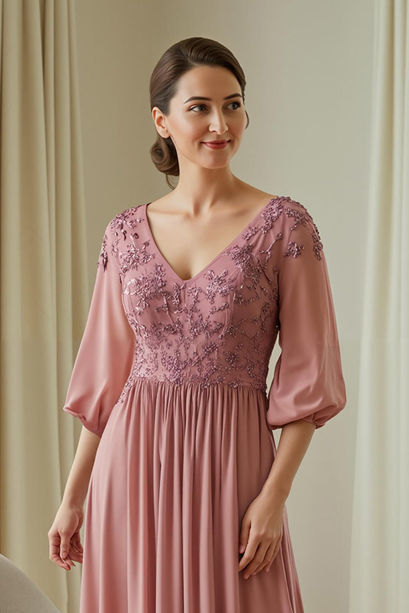 Load image into Gallery viewer, Dusty Rose Appliqued Chiffon Long Mother of the Bride Dress with Sleeves