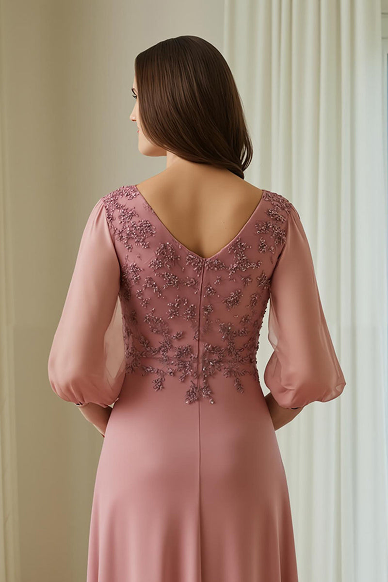 Load image into Gallery viewer, Dusty Rose Appliqued Chiffon Long Mother of the Bride Dress with Sleeves