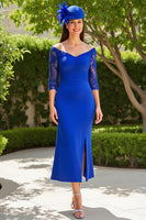 Load image into Gallery viewer, Royal Blue Satin Sheath Lace Sleeves Long Mother of the Bride Dress with Slit