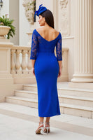 Load image into Gallery viewer, Royal Blue Satin Sheath Lace Sleeves Long Mother of the Bride Dress with Slit