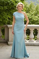 Load image into Gallery viewer, Light Blue Sheath Chiffon Ruched Long Mother of the Bride Dress with Appliques