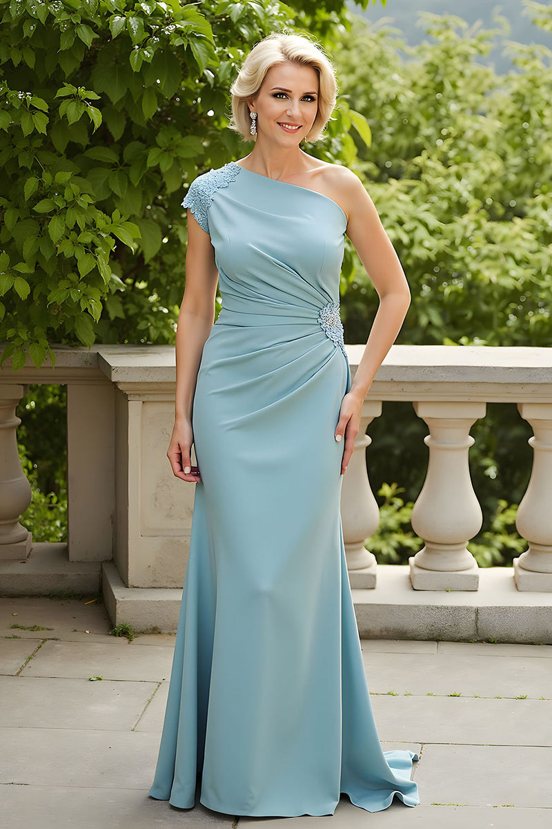 Load image into Gallery viewer, Light Blue Sheath Chiffon Ruched Long Mother of the Bride Dress with Appliques