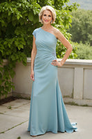 Load image into Gallery viewer, Light Blue Sheath Chiffon Ruched Long Mother of the Bride Dress with Appliques