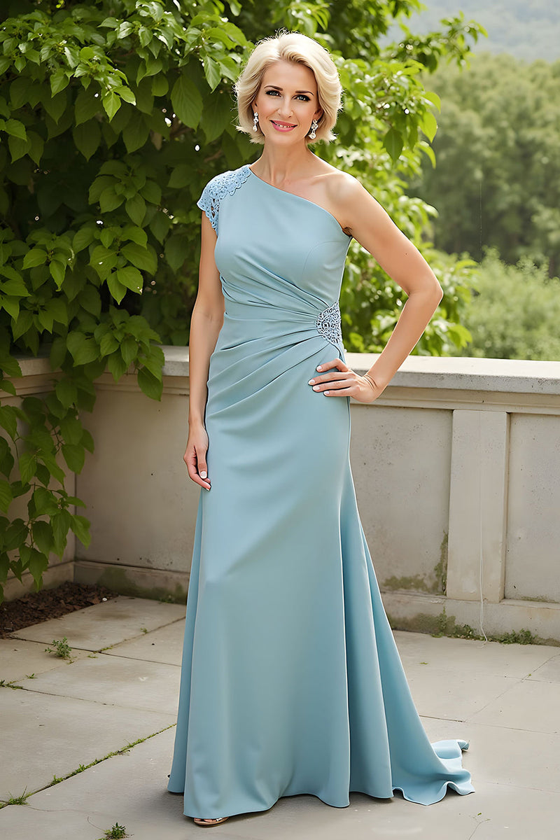 Load image into Gallery viewer, Light Blue Sheath Chiffon Ruched Long Mother of the Bride Dress with Appliques