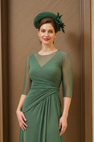 Load image into Gallery viewer, Dark Green Chiffon Sheath Ruched Long Mother of the Bride Dress with Sleeves