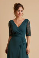Load image into Gallery viewer, Pine Chiffon A Line Ruched Midi Mother of the Bride Dress with Lace