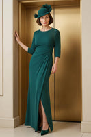 Load image into Gallery viewer, Pine Chiffon Ruched Round Neck Long Mother of the Bride Dress with Slit